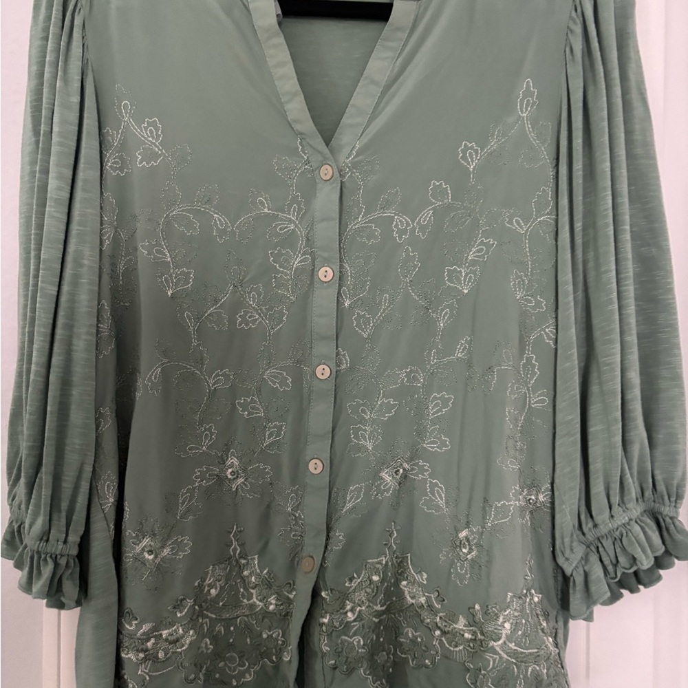 Democracy Sage Green Embroidered Button-Down Blouse